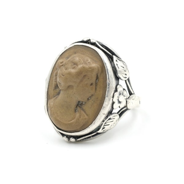 Antique Sterling & Lava Cameo Ring - Size 5 // Arts and Crafts Era Jewelry // 1890s Italian Souvenier // Carved Lava Ring