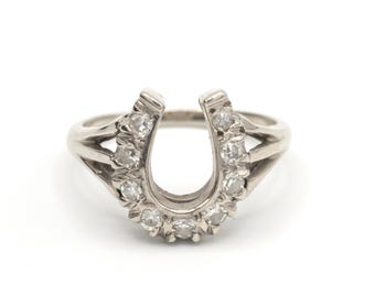 Vintage 14k White Gold & Diamond Horseshoe Ring, Size 6 - Lucky Jewelry