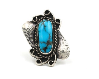 Turquoise & Sterling Leaf Ring // Size 5 Ring // Handmade Vintage Turquoise Ring // Vintage Turquoise Leaf Ring // Navajo Style Turquoise