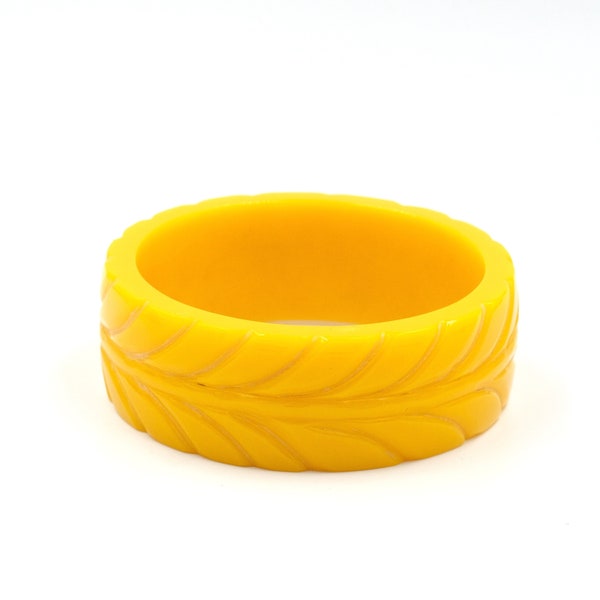 VIntage Carved Bangle Bracelet ~8" // Mustard Yellow Plastic Bracelet // Statement Stacking Bangle