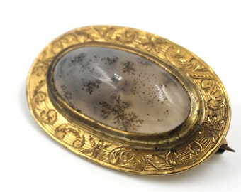 Antique Dendritic Agate Brooch // Gold Tone Agate Pin // Vintage Agate Brooch // Victorian Agate