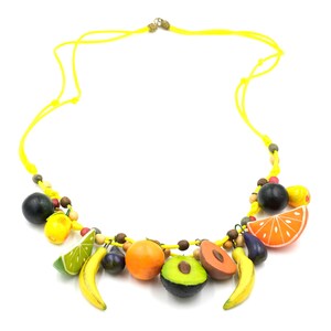 Vintage Fruit Salad Necklace 29.5&quot; // Handpainted Fruit Jewelry // Carnival Jewelry // Tropical Fruit Statement Jewelry