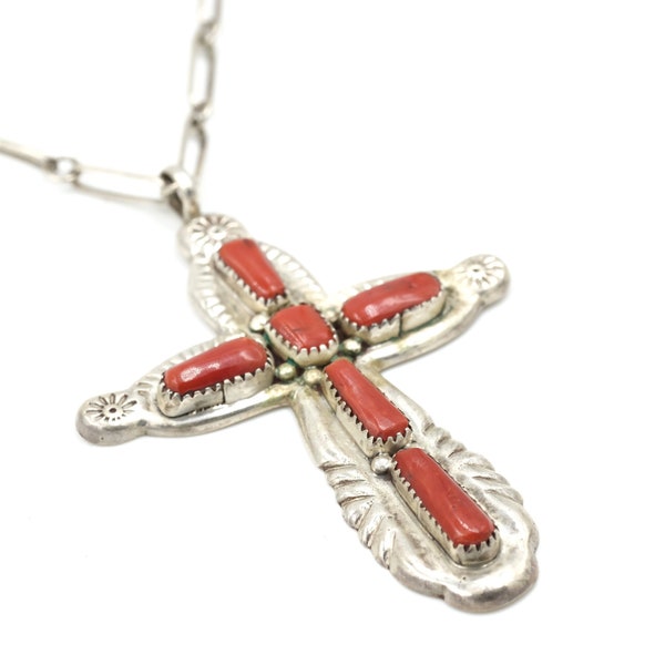 Vintage Lupe Iule Sterling Coral Cross by Zuni Artist 21" // Zuni Cross Necklace // Native American Cross // Vintage Zuni Cross // XL Cross