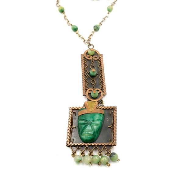 1950s Casa Maya Copper Panel Necklace // Mayan Carved Face // Banded Agate // Vintage Green Onyx // Modern Mexican Necklace