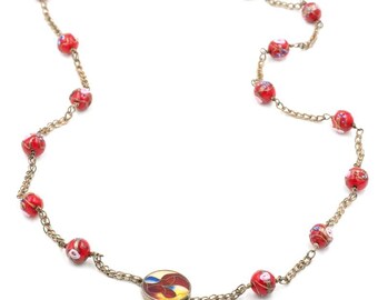 Vintage Venetian Style Wedding Glass Bead Necklace with Sterling Enamel 29"