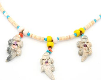 90s Horned Lizard Carved Fetish with Shell Heishi Necklace 23"