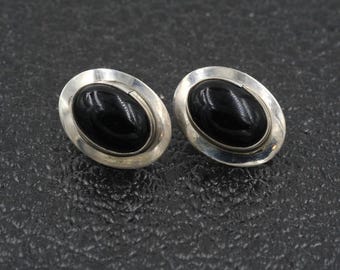 Vintage Sterling Silver & Onyx Post Earrings .7"