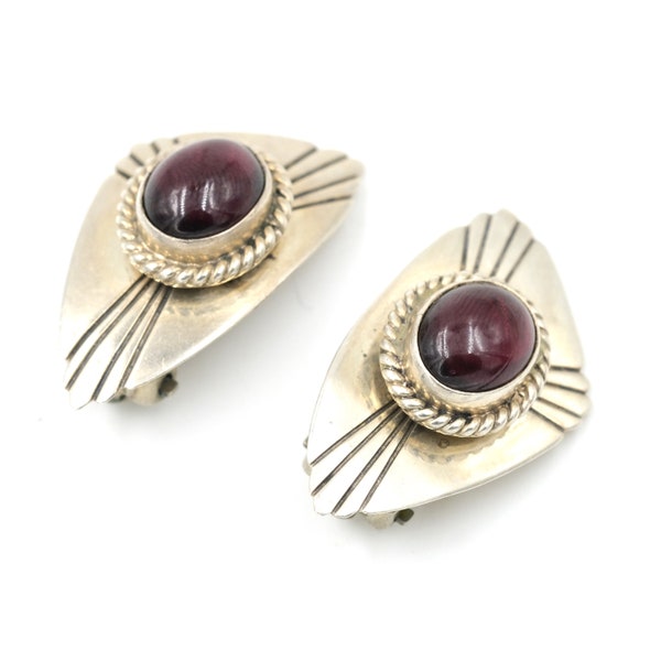 Vintage Navajo Sterling & Garnet Clip On Earrings // Signed Artie Yellowhorse Earrings // Sterling Statement Jewelry