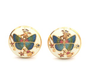 Vintage Cloisonné Enamel Butterfly Clip On Earrings .75"