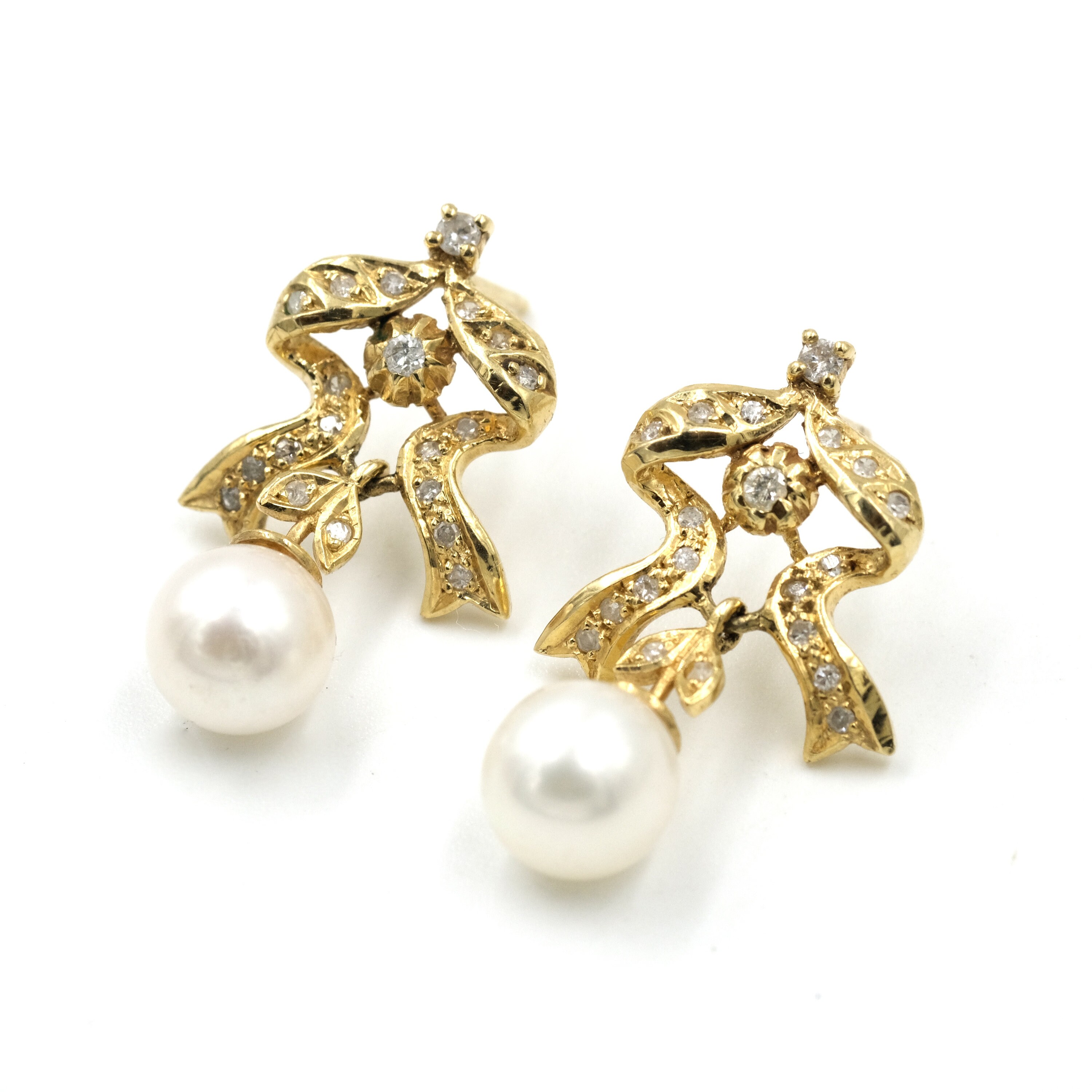 ピアス VINTAGE HOLLYWOOD Petal Ribbon Earrings 4BFK494 Vintage 14k Yellow Gold Pearl Ribbon Pierced Earrings, 0.4