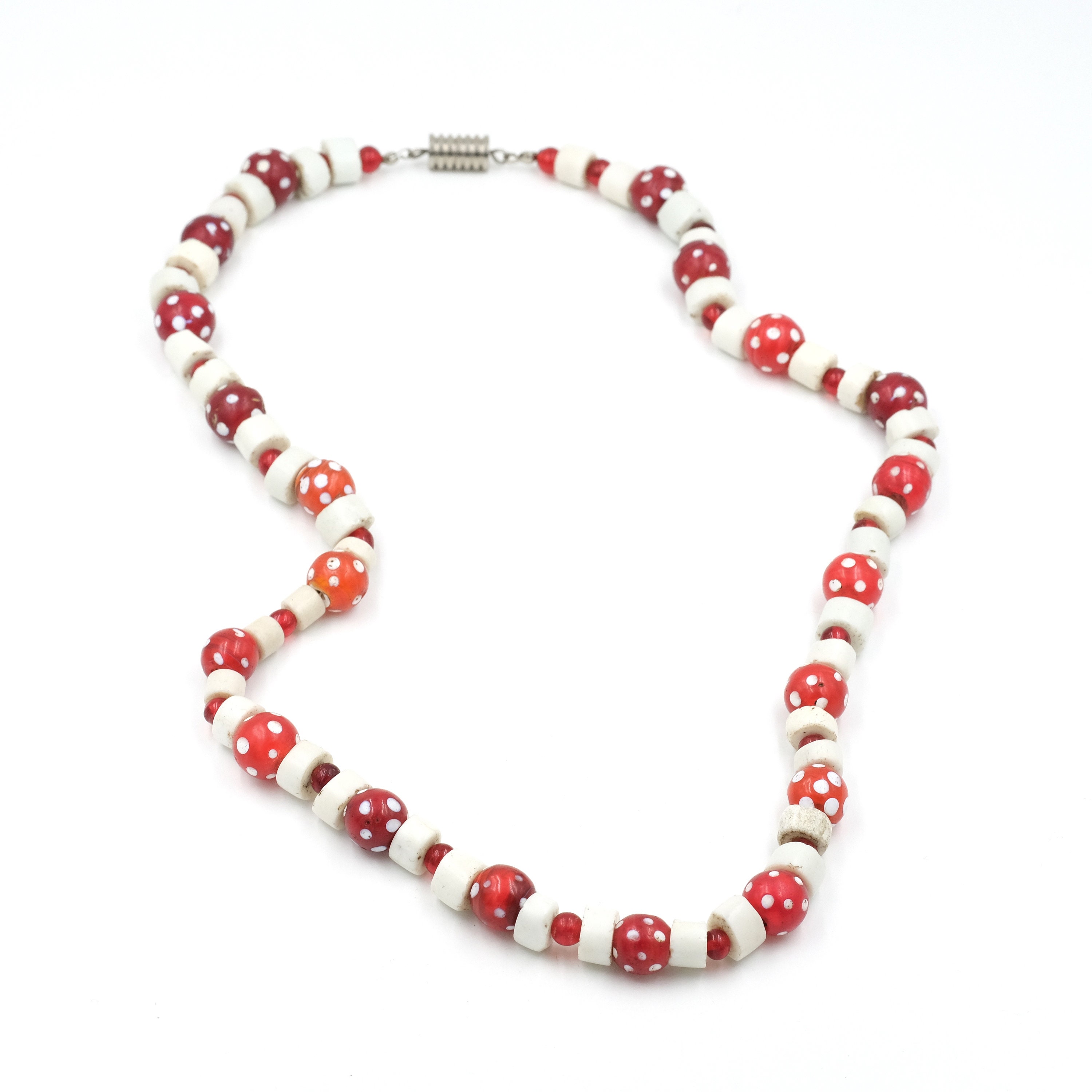 Antique Trade Bead Necklace ~25" // Early 1900s Venetian Skunk Beads & Porcelain Goomba // Handmade Beaded Jewelry