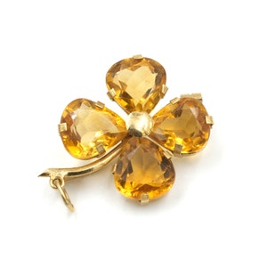 ヴィンテージ 18K ゴールド シトリン シャムロック ピン/ペンダント // 四つ葉のクローバー // 幸運のブローチ // ヴィンテージ シトリン ネックレス // 幸運のお守り