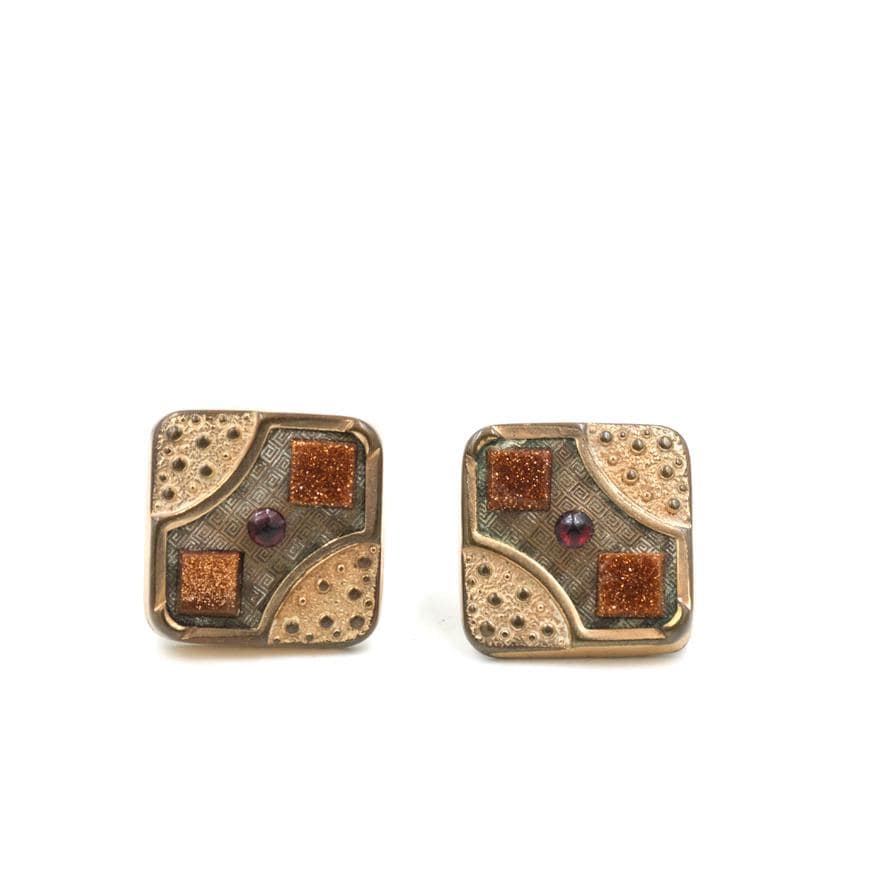 Boutons De Manchette Vintage En Goldstone Cuivre Verre Plaqué Or - Forme Ovale, Occasion