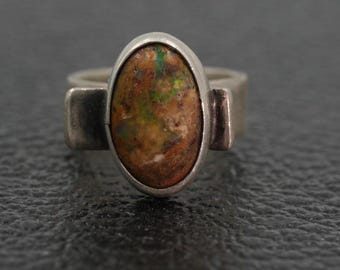 Vintage Handmade Artisan Sterling Silver & Mexican Boulder Opal Ring, Size 6