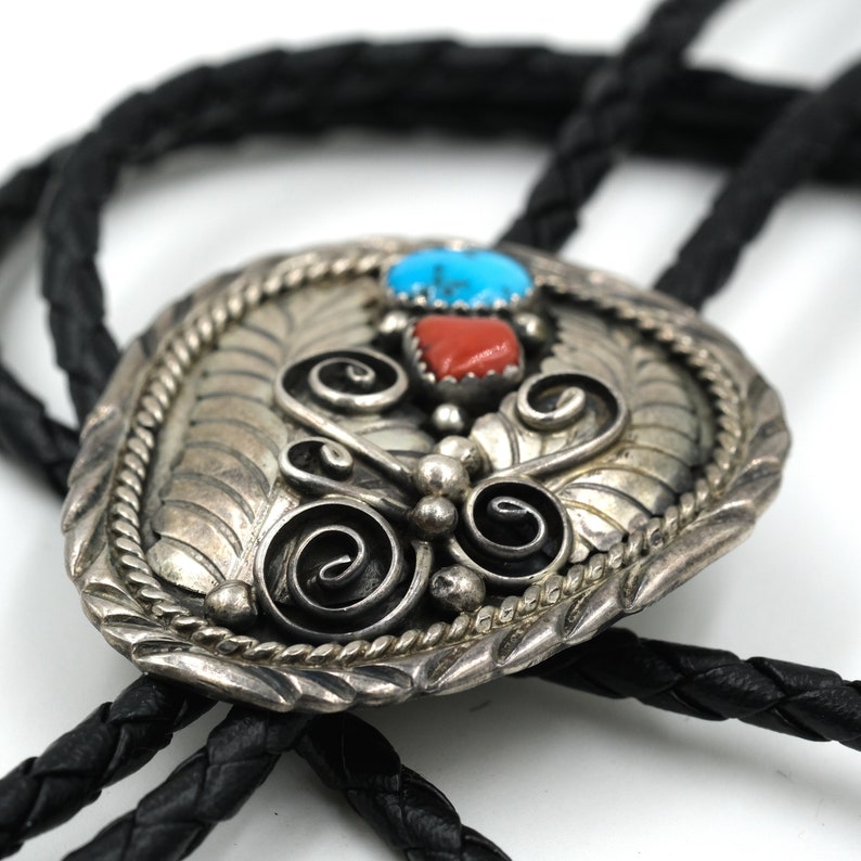 Vintage Navajo Turquoise & Coral Sterling Silver Bolo Tie // Classic ...