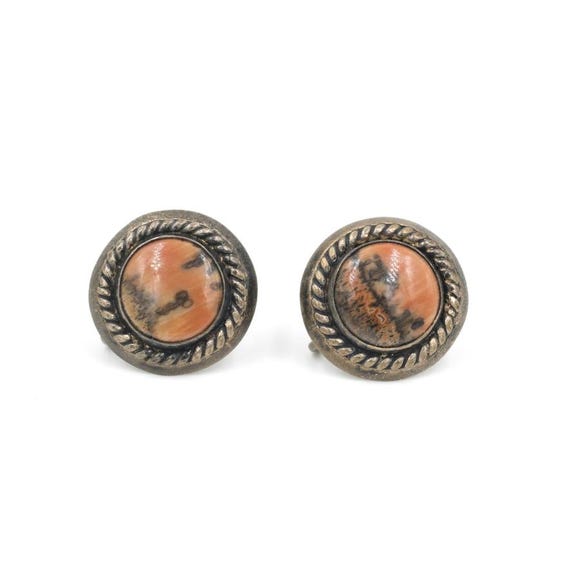 Vintage Sterling Silver Petrified Wood Screwback Earrings .6" - Fred Harvey Era View 3