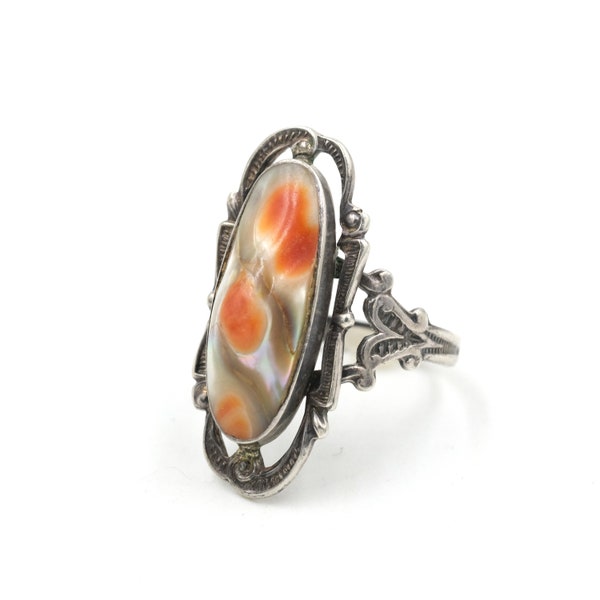 Vintage Sterling Blister Pearl Ring - Size 7 // Vintage Orange Pearl Ring // Old Silver Statement Ring