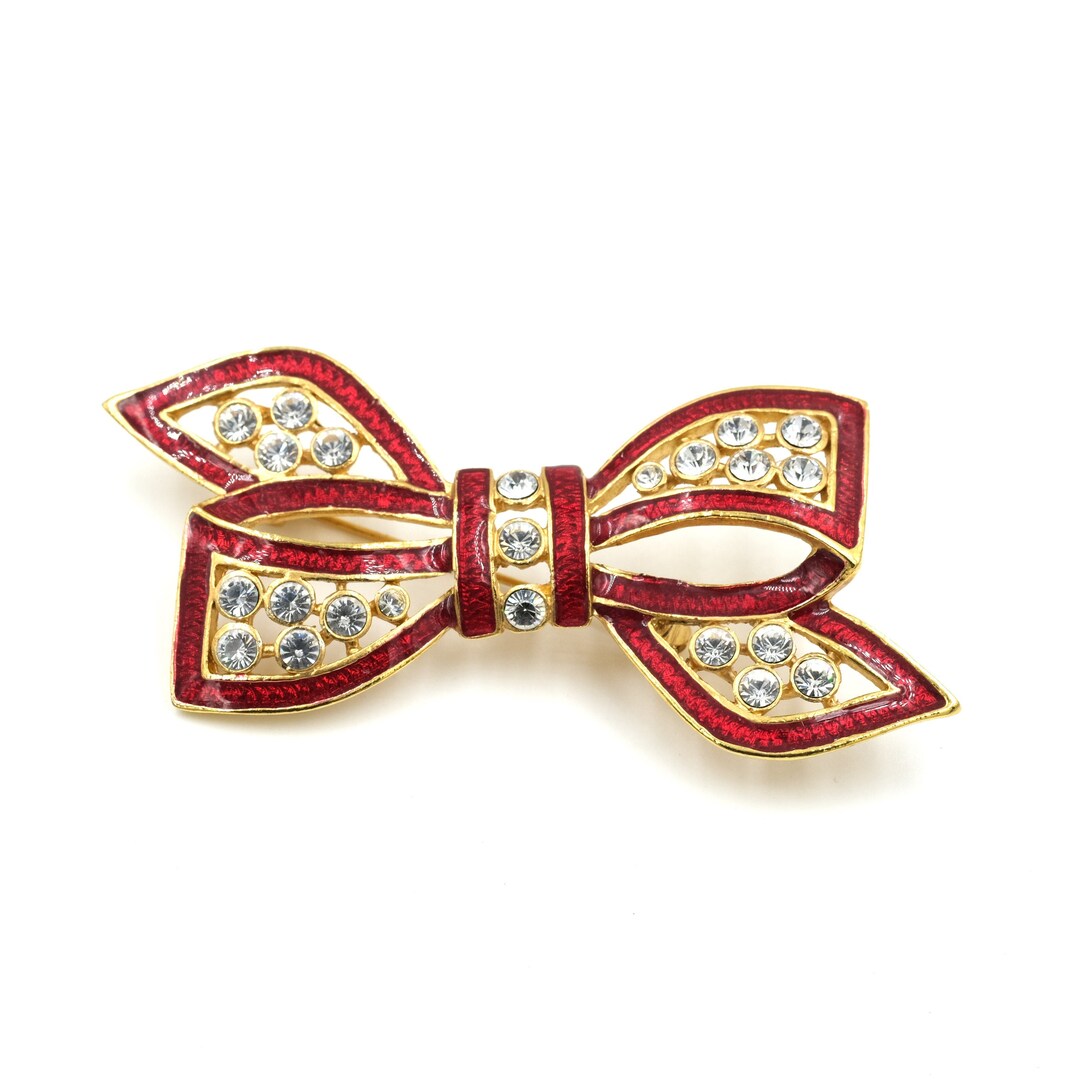 Red Ribbon Broche Vintage Enamel & Rhinestone Red Ribbon Bow Brooch 2.88