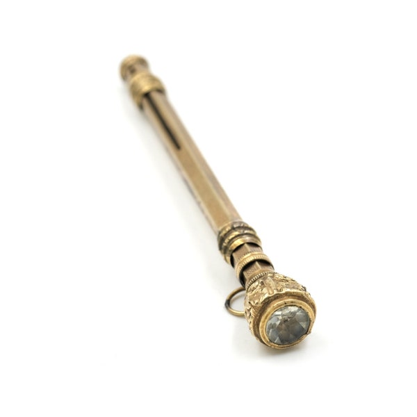 Antique Victorian Telescoping Pencil Pendant with Paste Rhinestone Top // Gold Filled Mechanical Pencil // Engraved Gold Pencil