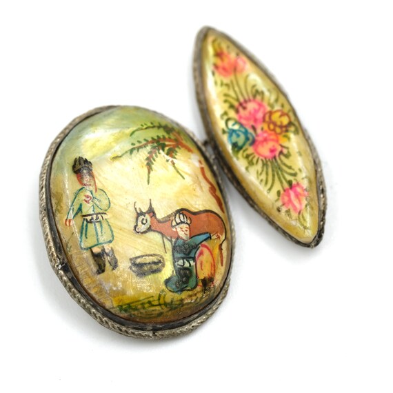 Shell Cufflinks Antique Sterling Hand Painted Shell Cufflinks // Anti… - Gem
