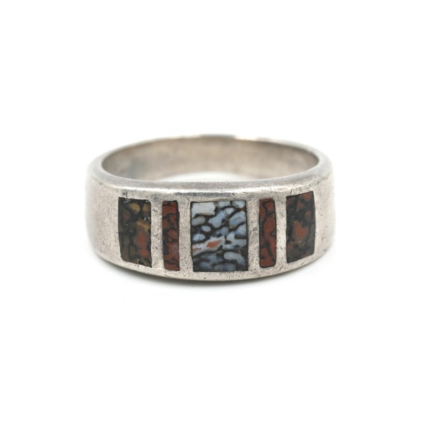 Vintage Sterling & Dinosaur Fossil Flush Inlay Ring - Size 10.5 // Agatized Dinosaur Bone // Unique Mens Wedding Band // Vintage Biker Ring