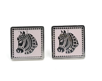 Boutons De Manchette Vintage Tête De Cheval & Derrière - Thème Humoristique, Finition Silver Tone, Occasion