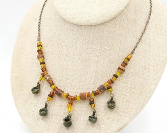 Vintage Glass & Wood Bead Necklace with Clay Pot/Cup Beads 16.25"