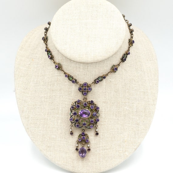 Antique Sterling Enamel Amethyst and Pearl Necklace /… Gem