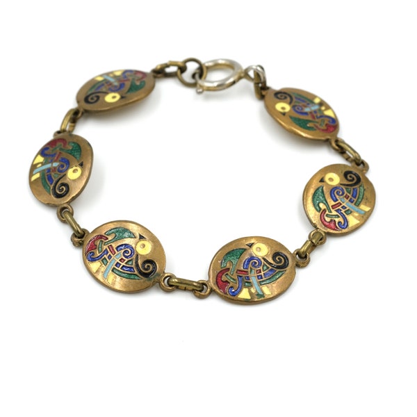 Vintage Enamel Bird Panel Bracelet // Irish Enamel Bracelet // Enamel Bird Bracelet // Rainbow Bird Bracelet