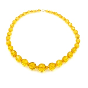 Vintage Yellow Vaseline Glass Bead Necklace 15.25&quot; / Uranium Glass Necklace // 10k Gold Clasp Glass Necklace // Czech Art Deco Jewelry