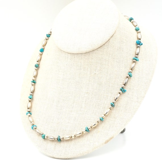 Vintage Turquoise & Silver Toned Bead Necklace 19… - image 2