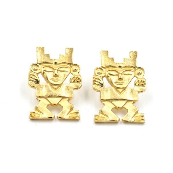 Vintage Gold Tone Earrings 1.1" // Pre Colombian Style Jewelry // Matte Gold Statements // Museum Replica Jewels