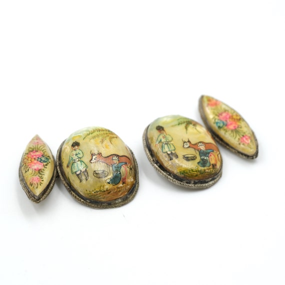 Shell Cufflinks Antique Sterling Hand Painted Shell Cufflinks // Anti… - Gem