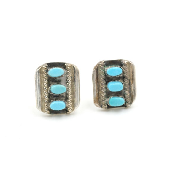 Vintage Petite Sterling & Turquoise Studs .38" // Old Zuni Style Earrings // Handmade Petit Point Earrings
