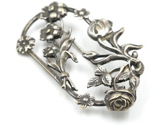 Broche vintage de flor de plata de ley estilo Art Nouveau de 6,6 cm