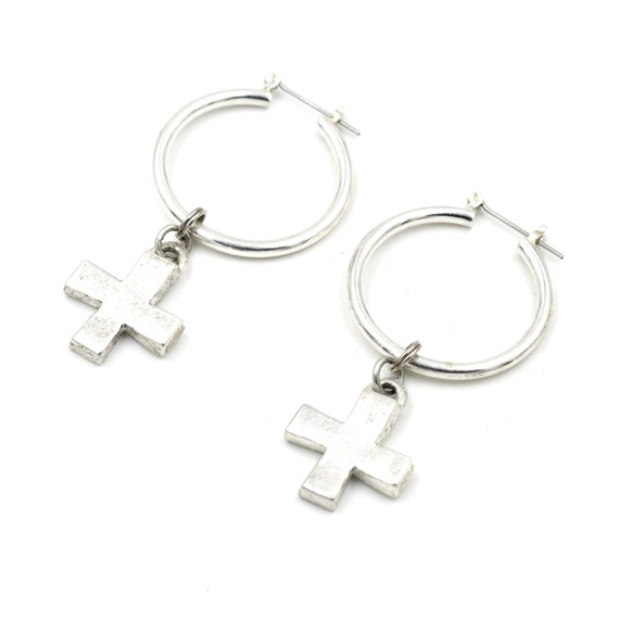 1990's Silver Tone Cross Hoops 2.3" // Statement … - image 1