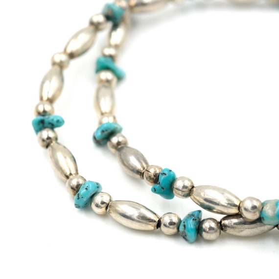 Vintage Turquoise & Silver Toned Bead Necklace 19… - image 1