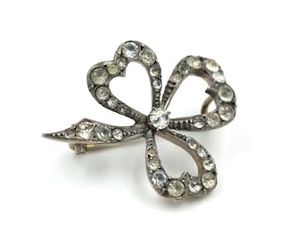 Antique Victorian Sterling Paste Rhinestone Clover Brooch 1.3"