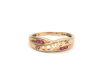 Vintage 10k Yellow Gold & Pink Stone "LOVE" Band - Size 6.75
