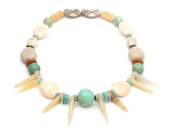 Vintage Artisan Mixed Gemstone Spiked Bead Statement Necklace 17.75"