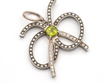 Vintage Sterling Silver Peridot Bow Pendant 1.7"