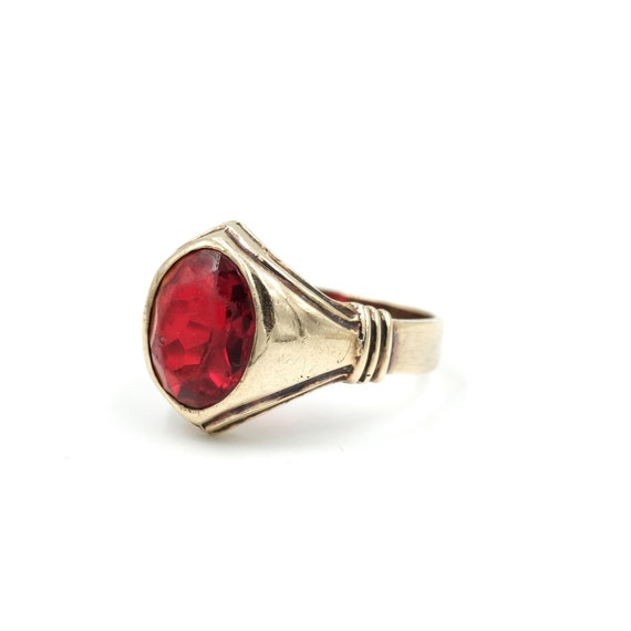 Vintage 10Kt Gold Signet Ring with Ruby Glass, Size 8.75