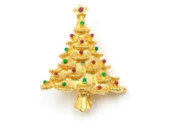 Vintage Gold Tone Christmas Tree Brooch 1.9"