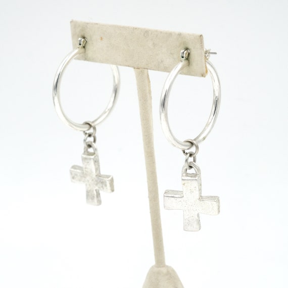 1990's Silver Tone Cross Hoops 2.3" // Statement … - image 2