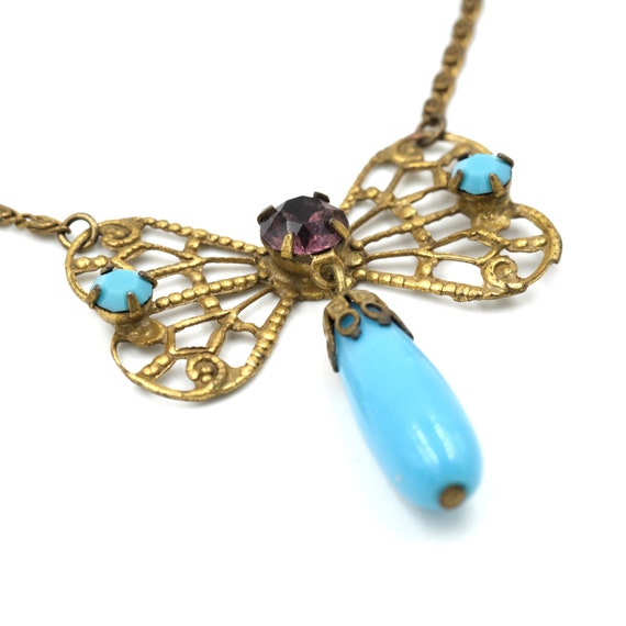 Vintage Brass Turquoise Glass Pendant Necklace //… - image 3