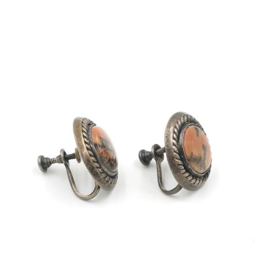 Vintage Sterling Silver Petrified Wood Screwback Earrings .6" - Fred Harvey Era View 2
