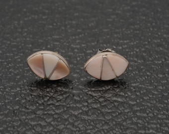 Vintage Sterling Mother of Pearl Zuni Style Flush Inlay Stud Earrings .5"