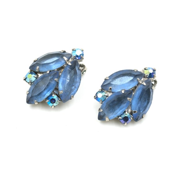 Vintage Blue Rhinestone Clip Earrings // Retro Rhi