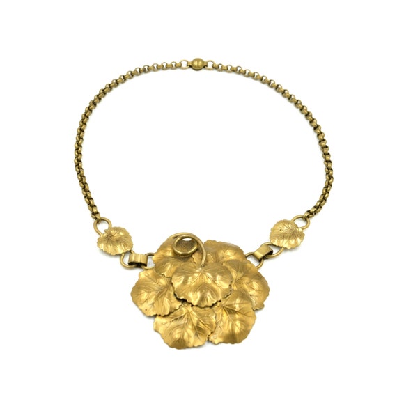 Vintage Brass Leaf Statement Necklace 16.75" - image 1