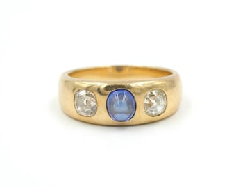 Antique 14Kt Gold Bullet Cabochon Sapphire & Diamond Gypsy Ring, Size 5.25